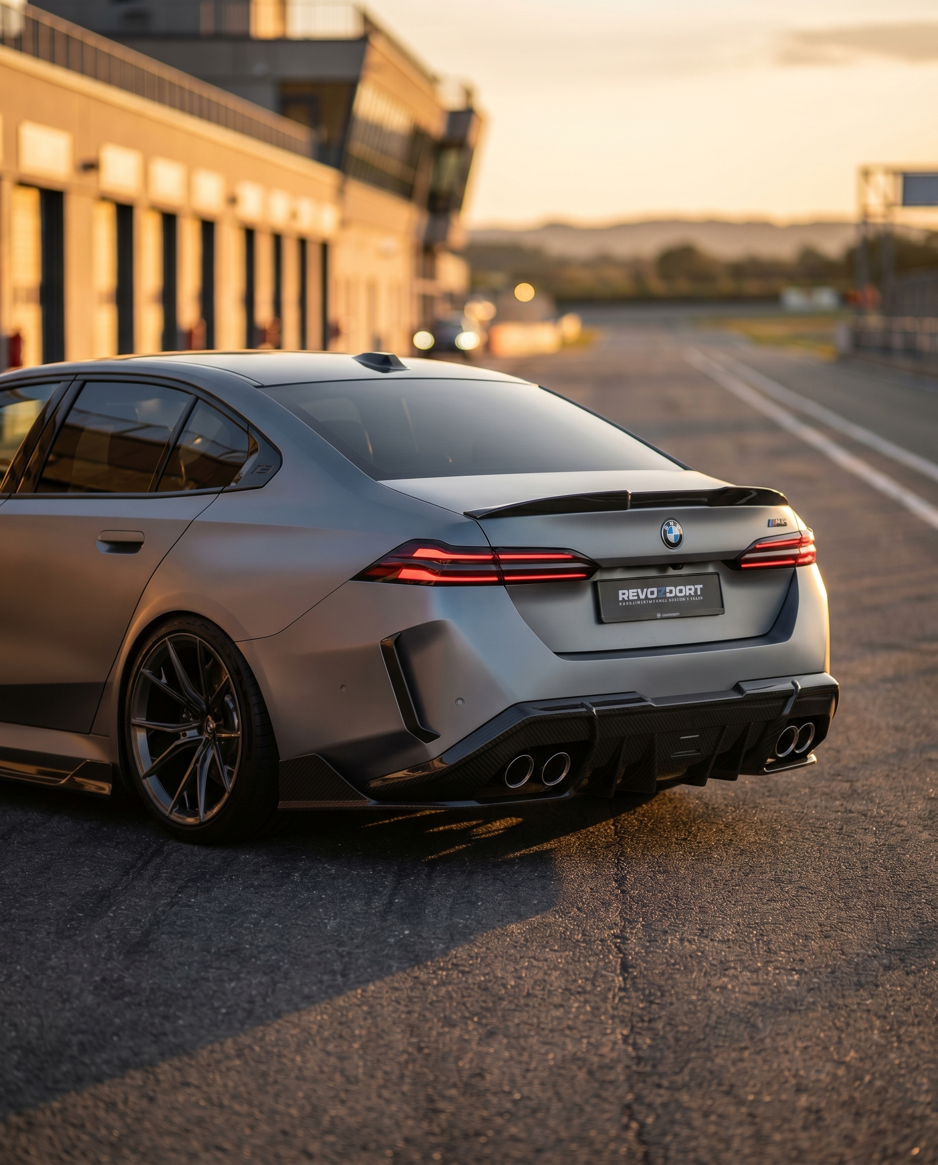 Gloss dry carbon RZ rear diffuser on 2025+ BMW G90 M5 rear three-quarter at golden-hour dusk, aggressive motorsport stance