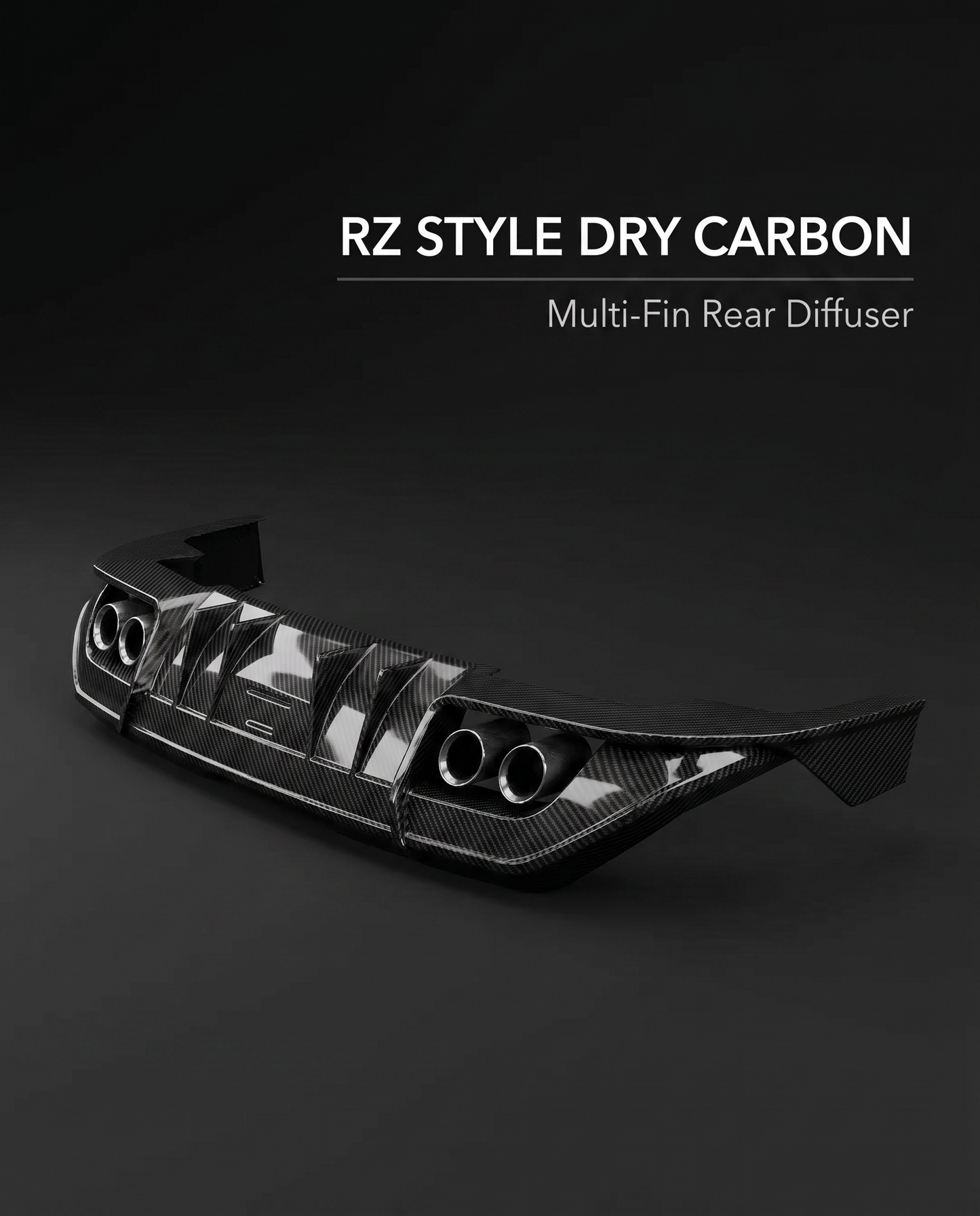 Gloss dry carbon RZ-style rear diffuser for BMW G90 M5 with minimal white spec callout on charcoal, pre-preg construction