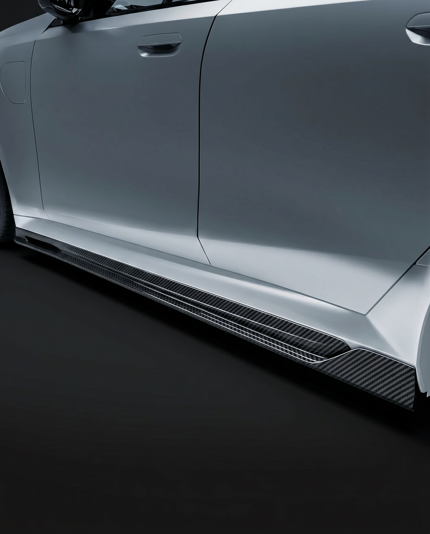 Gloss dry carbon fiber RZ-style side skirt extensions for 2025+ BMW G90 M5, isolated studio hero on charcoal with sharp weave