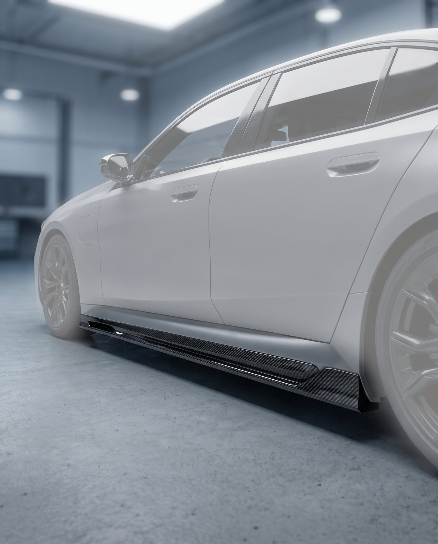 RZ-style dry carbon side skirt installed along the rocker of a ghosted 2025+ BMW G90 M5 in a blurred premium garage
