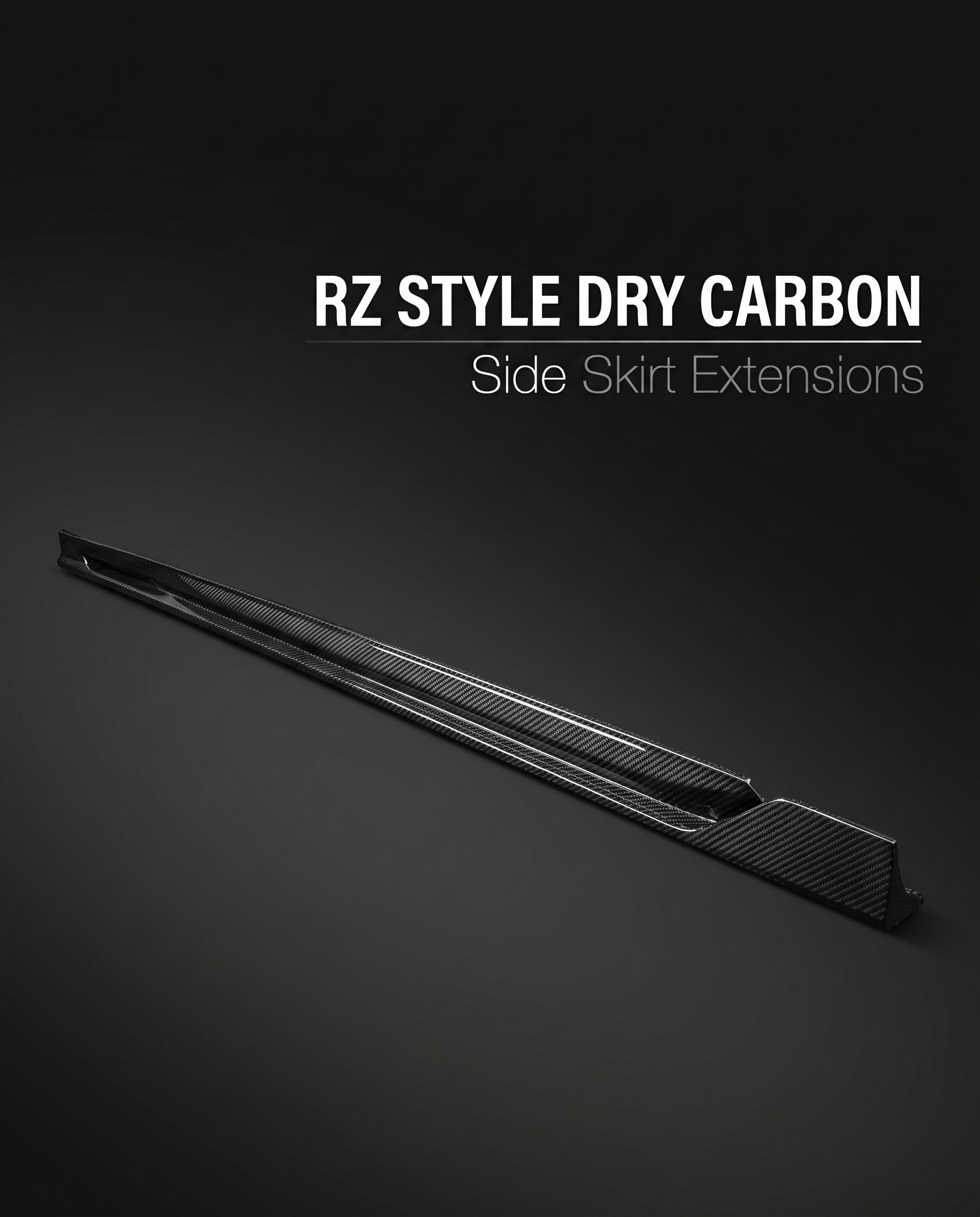 Gloss dry carbon RZ-style side skirt extensions for BMW G90 M5 with minimal white spec callout on charcoal, pre-preg build
