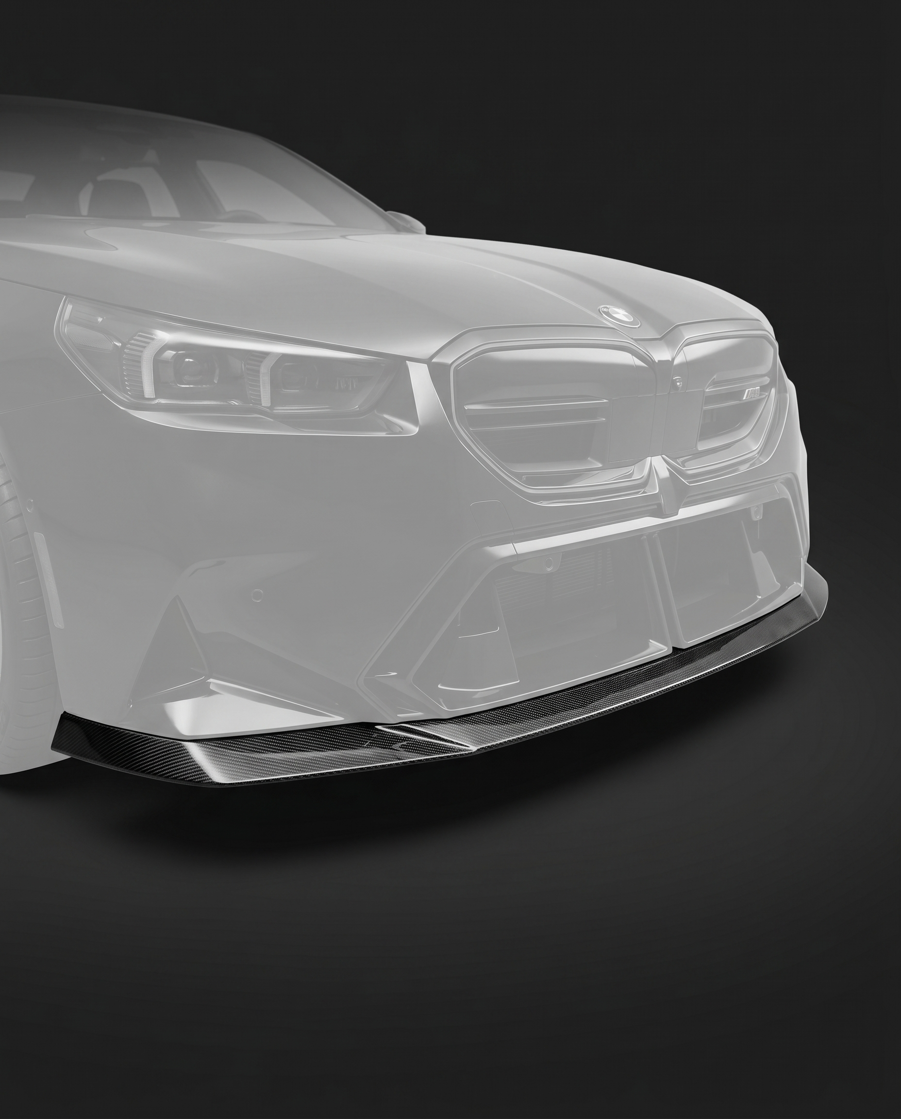 Gloss dry carbon fiber Type 1 front lip splitter for 2025+ BMW G90 M5, isolated studio hero on charcoal with sharp twill weave