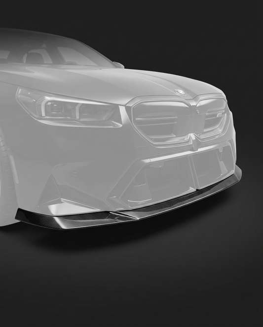 Gloss dry carbon fiber Type 1 front lip splitter for 2025+ BMW G90 M5, isolated studio hero on charcoal with sharp twill weave