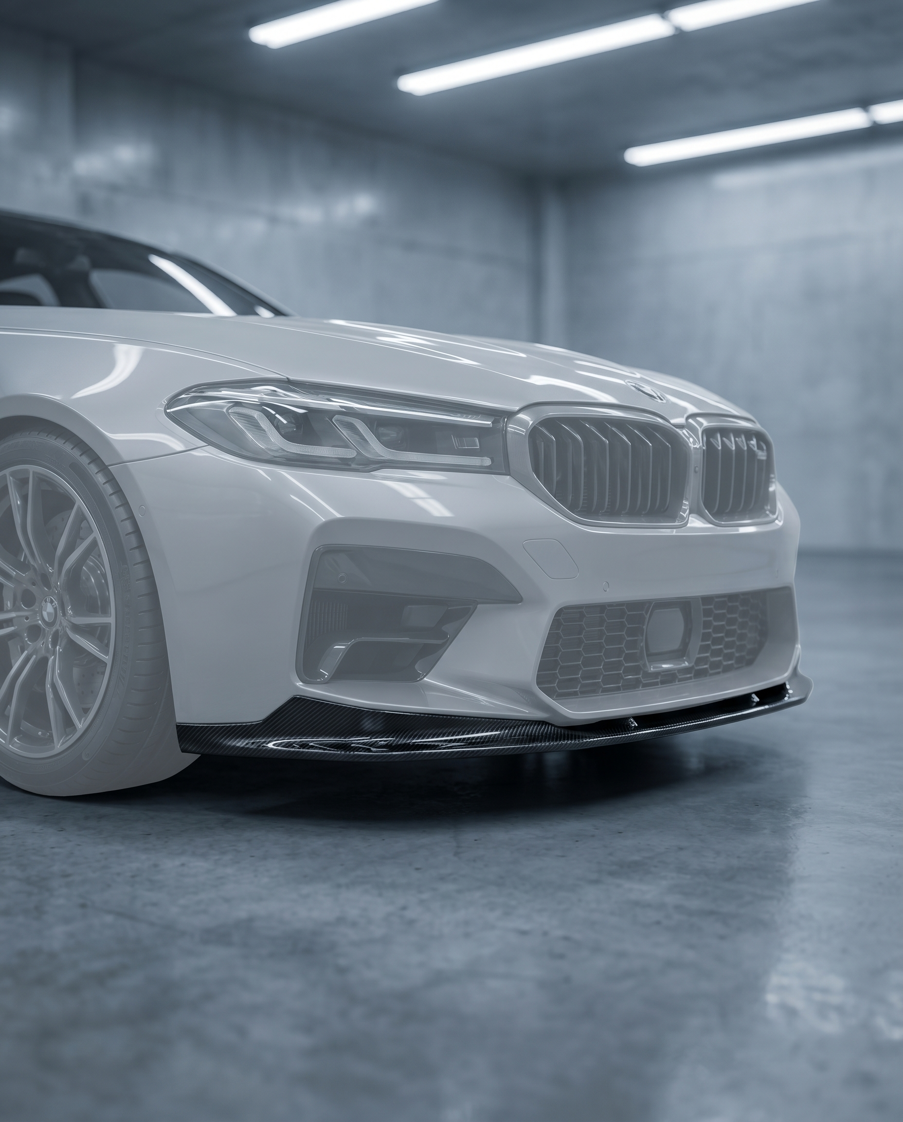 Type 1 gloss dry carbon front lip installed under the bumper of a ghosted 2025+ BMW G90 M5 in a blurred premium garage