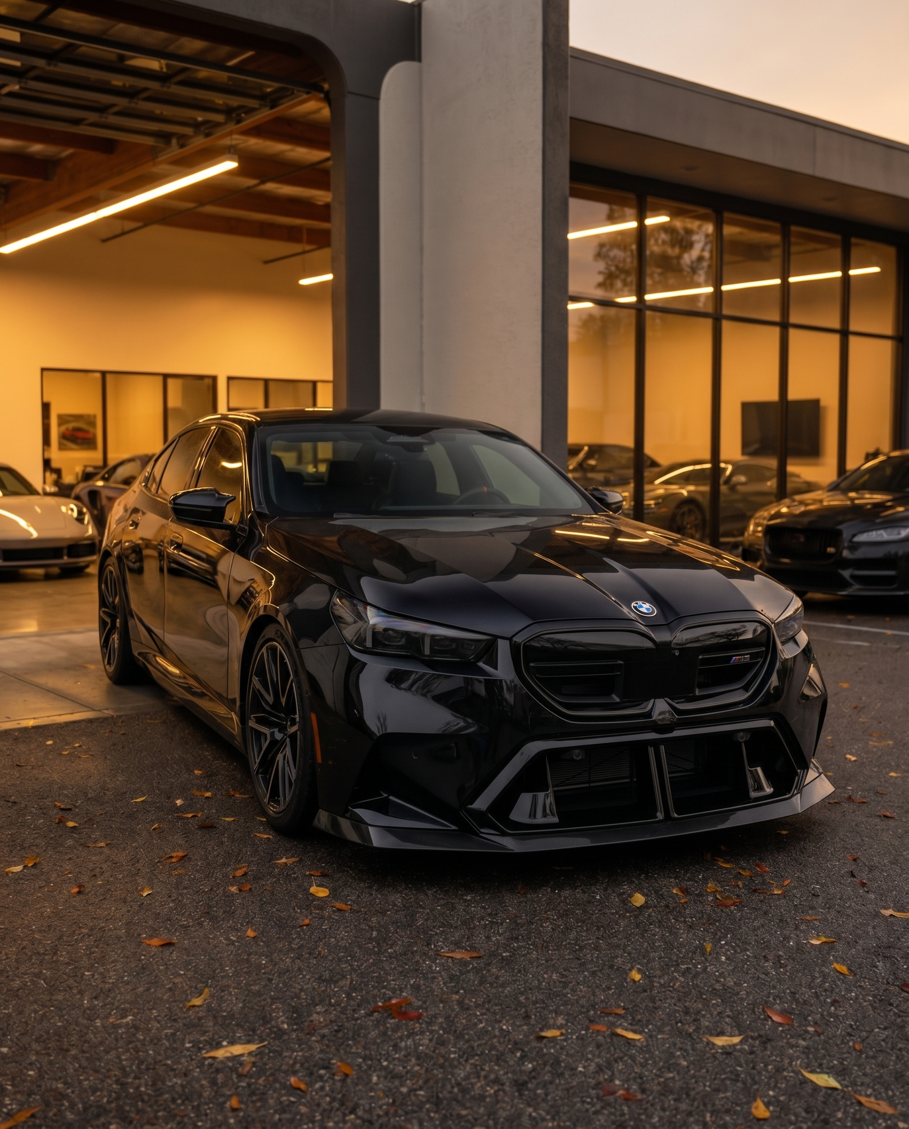 Gloss dry carbon Type 1 front lip on 2025+ BMW G90 M5 at golden-hour dusk, lowered aggressive front stance in cinematic light