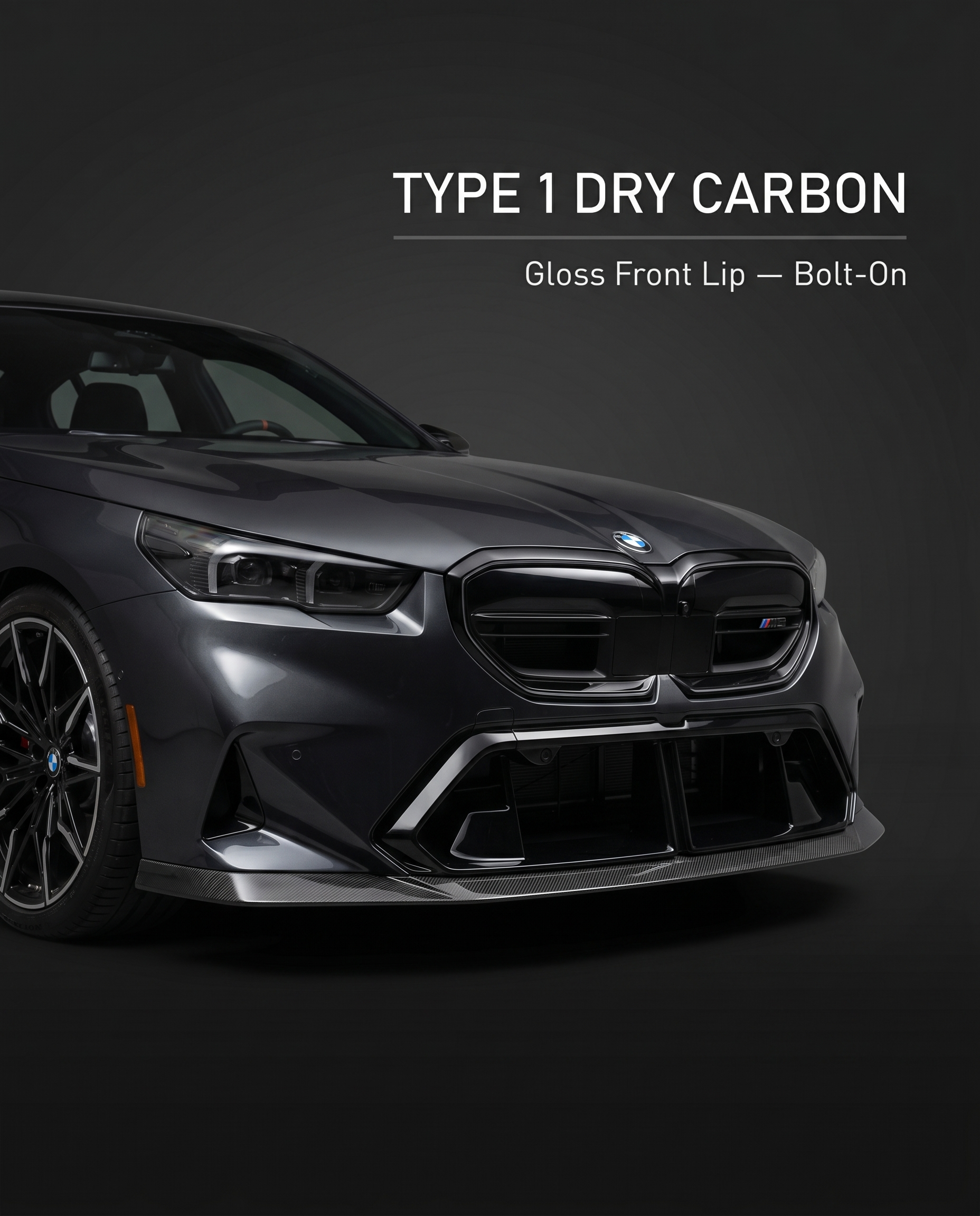 Gloss dry carbon Type 1 front lip for BMW G90 M5 with minimal white spec callout on charcoal, bolt-on pre-preg construction